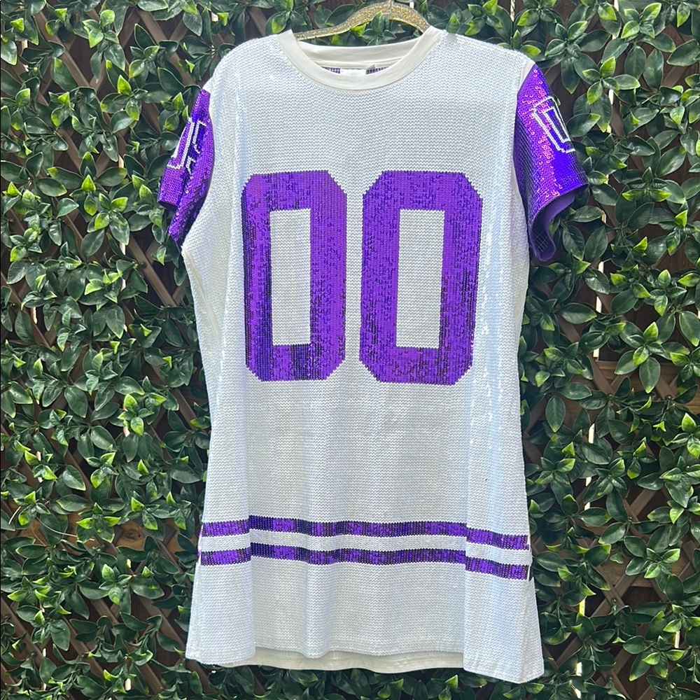 QUEEN OF SPARKLES White and Purple Sequin Dress
